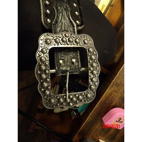 Western Beautiful Black and‎ Silver Leather Concho Belt Cancer Free Ribbon
